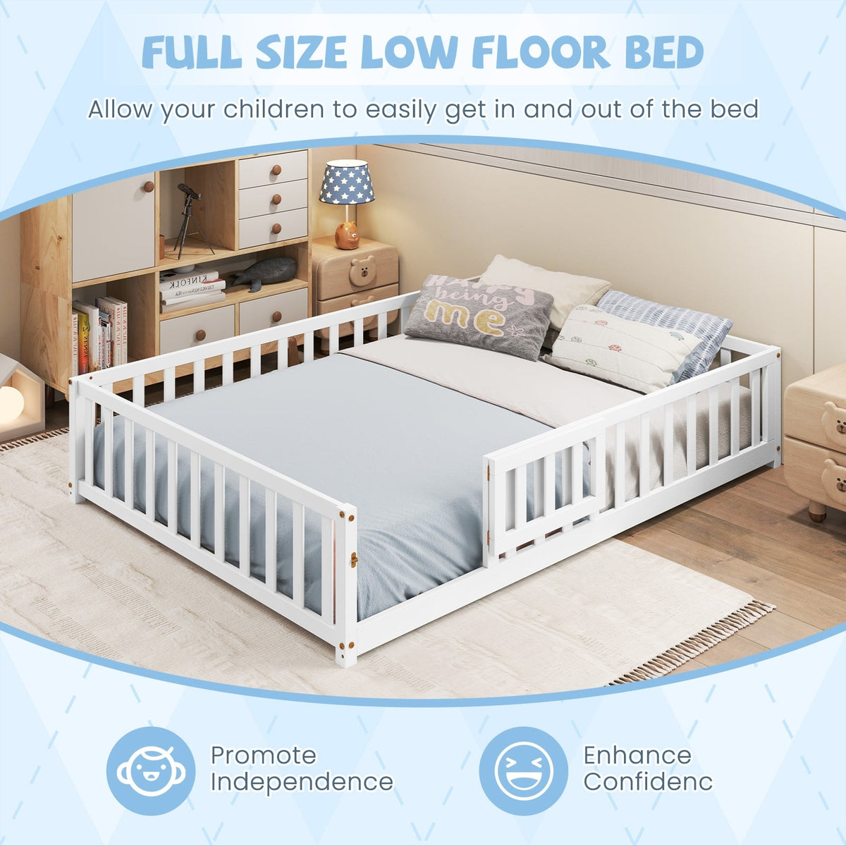 Montessori Bed Frame with Full-length Guardrails Safety Door and Latch-White-Toddler Beds-DECOROLALA