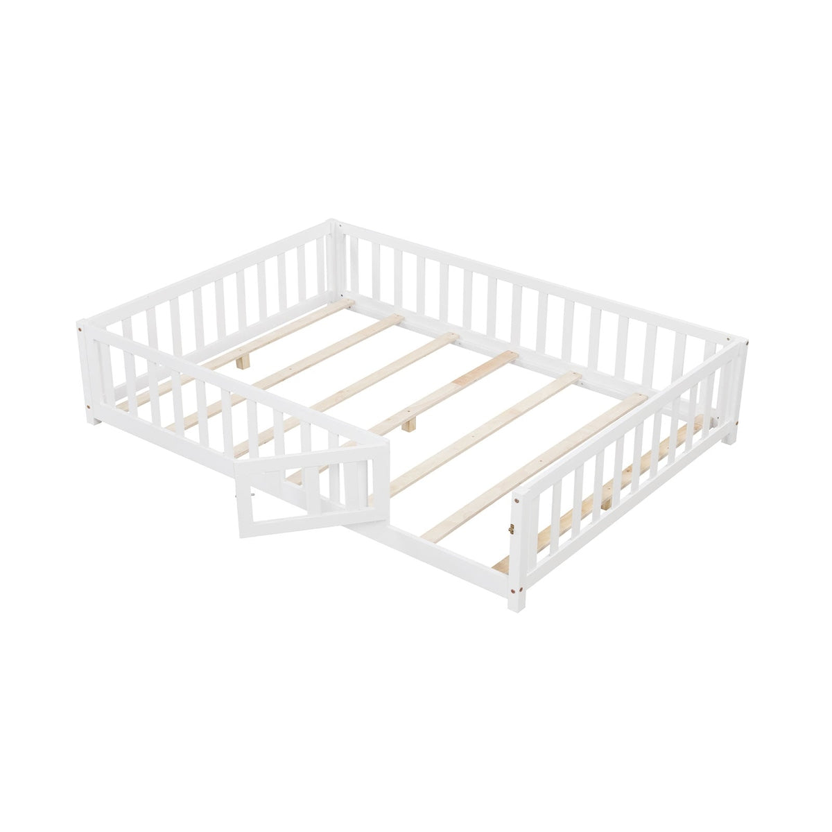 Montessori Bed Frame with Full-length Guardrails Safety Door and Latch-White-Toddler Beds-DECOROLALA