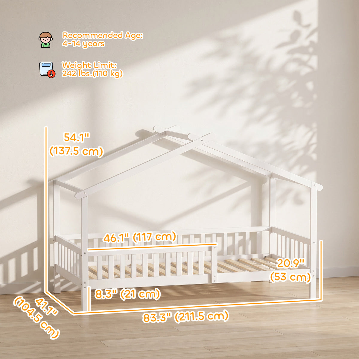 Twin Bed Frame, Solid Wood Montessori House Bed with Roof, Safety Guardrail for Girls Boys, No Box Spring Needed, White-Toys & Games > Toddler & Kids Furniture > Kids Bedroom Furniture-DECOROLALA