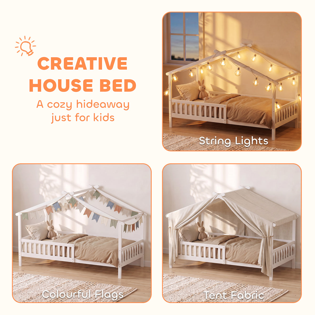 Twin Bed Frame, Solid Wood Montessori House Bed with Roof, Safety Guardrail for Girls Boys, No Box Spring Needed, White-Toys & Games > Toddler & Kids Furniture > Kids Bedroom Furniture-DECOROLALA