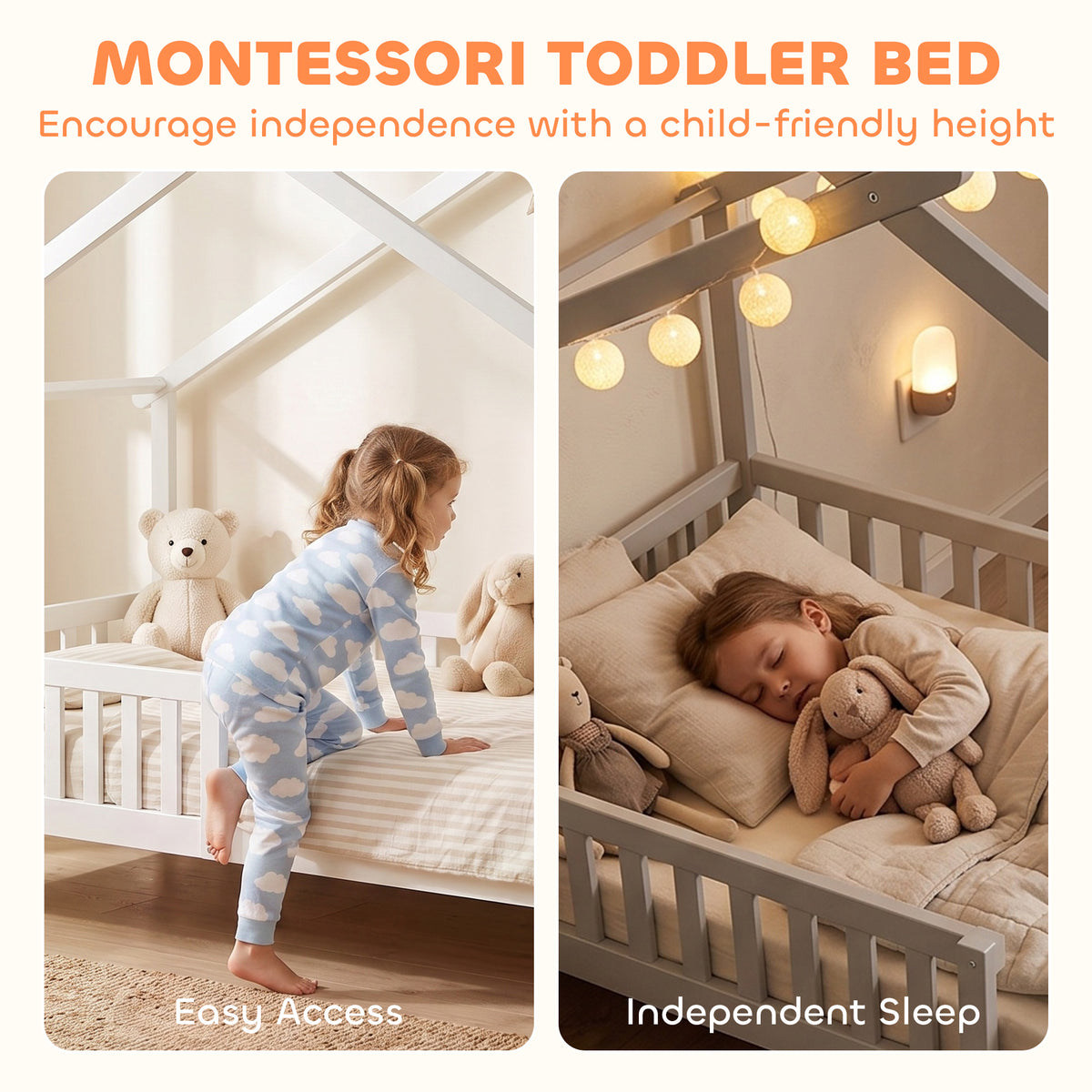 Twin Bed Frame, Solid Wood Montessori House Bed with Roof, Safety Guardrail for Girls Boys, No Box Spring Needed, White-Toys & Games > Toddler & Kids Furniture > Kids Bedroom Furniture-DECOROLALA