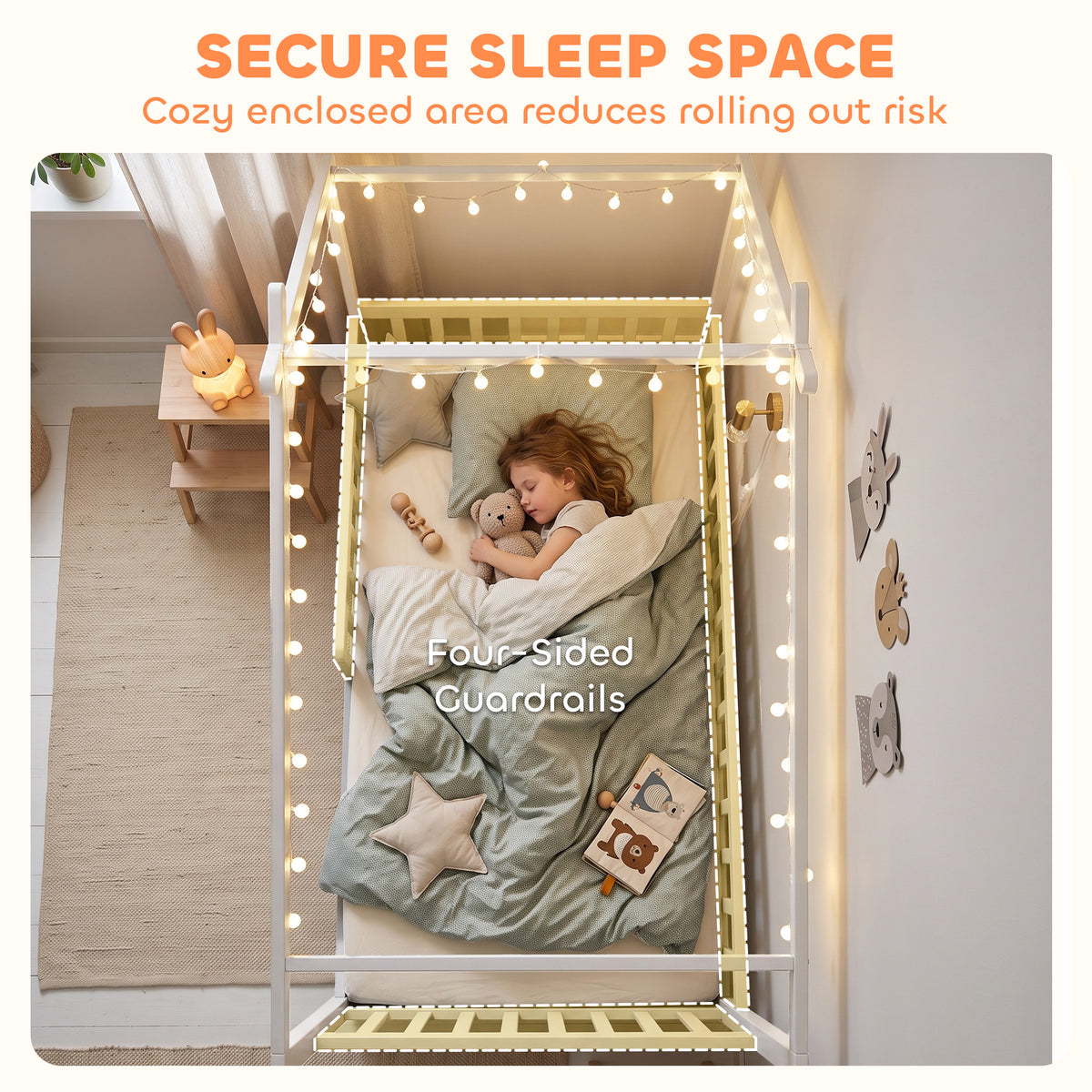 Twin Bed Frame, Solid Wood Montessori House Bed with Roof, Safety Guardrail for Girls Boys, No Box Spring Needed, White-Toys & Games > Toddler & Kids Furniture > Kids Bedroom Furniture-DECOROLALA