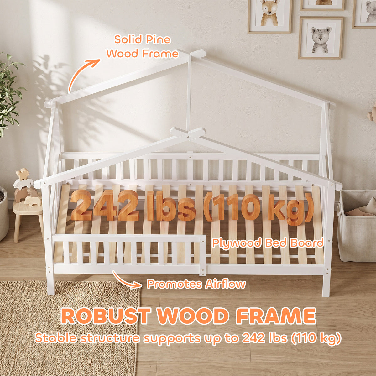 Twin Bed Frame, Solid Wood Montessori House Bed with Roof, Safety Guardrail for Girls Boys, No Box Spring Needed, White-Toys & Games > Toddler & Kids Furniture > Kids Bedroom Furniture-DECOROLALA