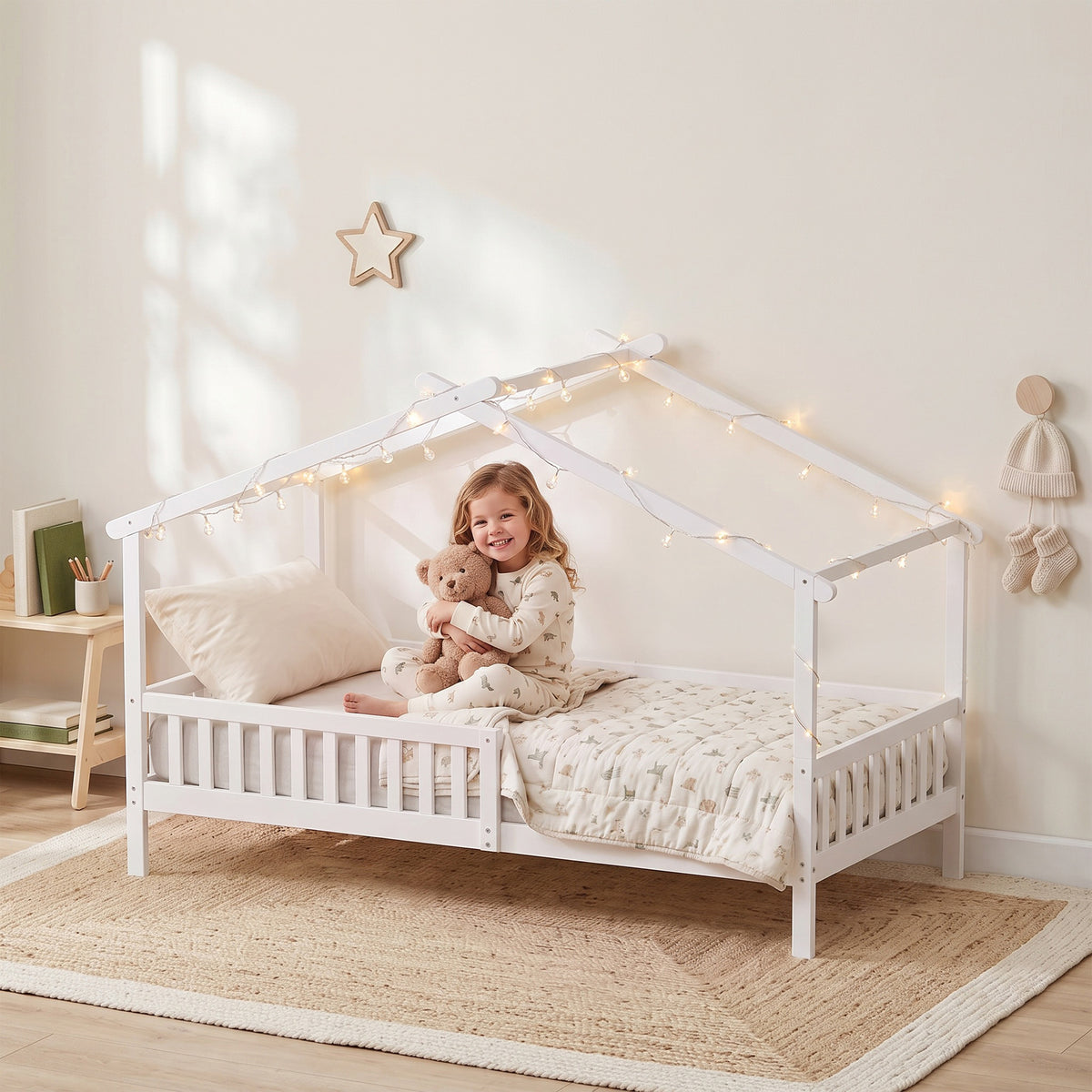 Twin Bed Frame, Solid Wood Montessori House Bed with Roof, Safety Guardrail for Girls Boys, No Box Spring Needed, White-Toys & Games > Toddler & Kids Furniture > Kids Bedroom Furniture-DECOROLALA