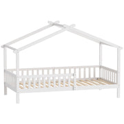 Twin Bed Frame, Solid Wood Montessori House Bed with Roof, Safety Guardrail for Girls Boys, No Box Spring Needed, White-Toys & Games > Toddler & Kids Furniture > Kids Bedroom Furniture-DECOROLALA