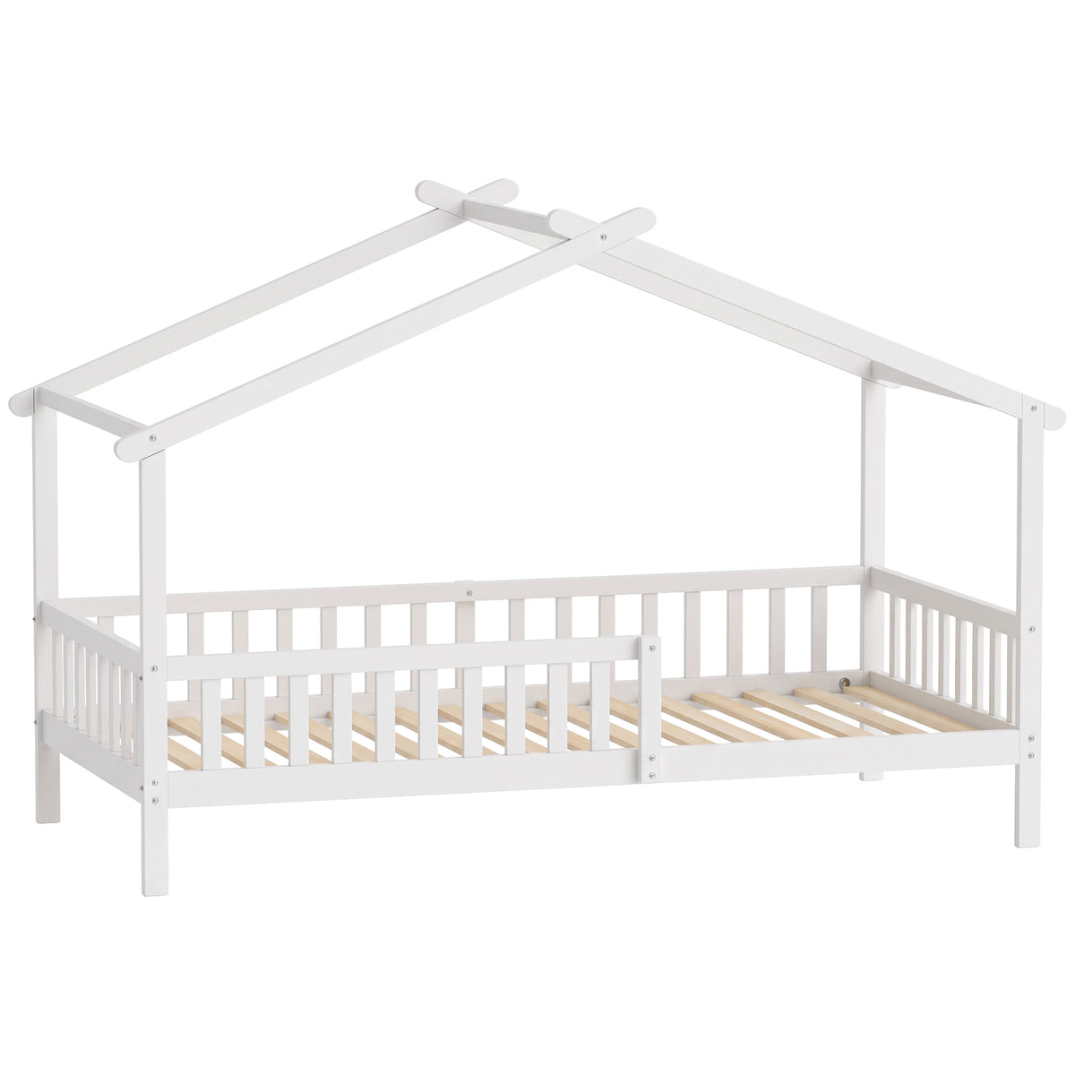 Twin Bed Frame, Solid Wood Montessori House Bed with Roof, Safety Guardrail for Girls Boys, No Box Spring Needed, White-Toys & Games > Toddler & Kids Furniture > Kids Bedroom Furniture-DECOROLALA