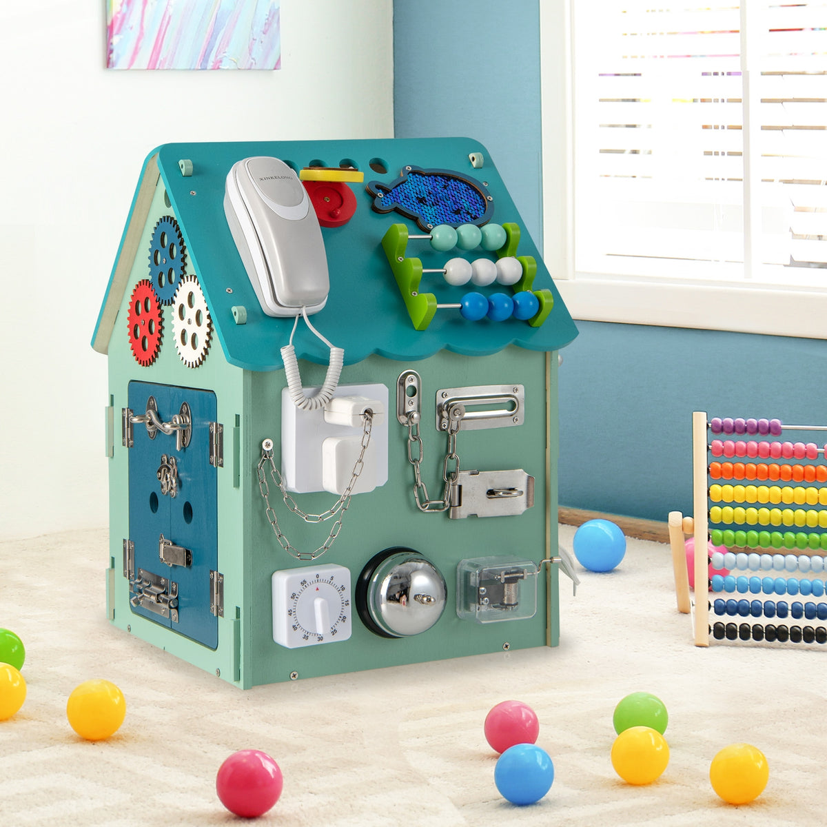 Montessori Blue Wooden Busy House Activity Center with Storage