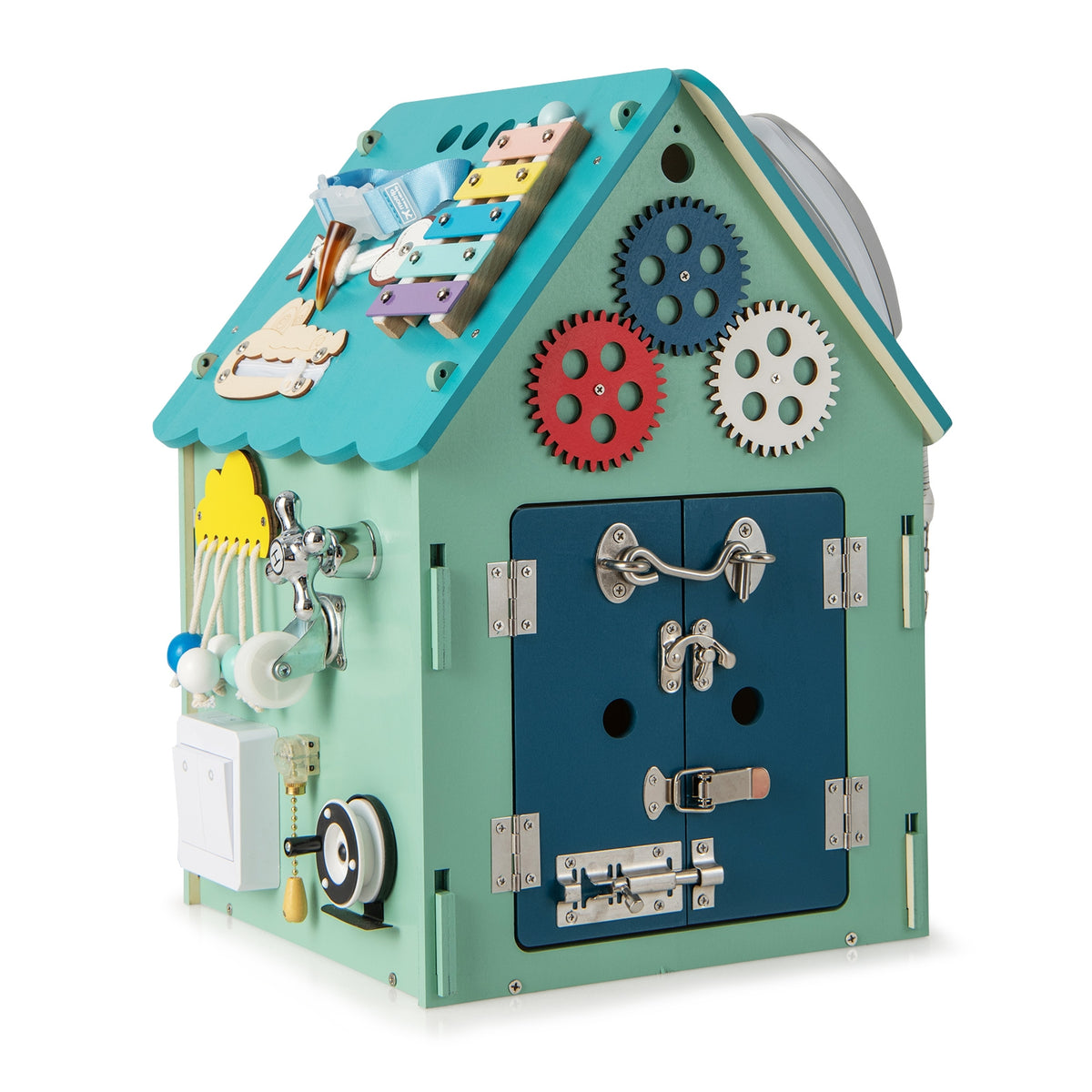 Montessori Blue Wooden Busy House Activity Center with Storage