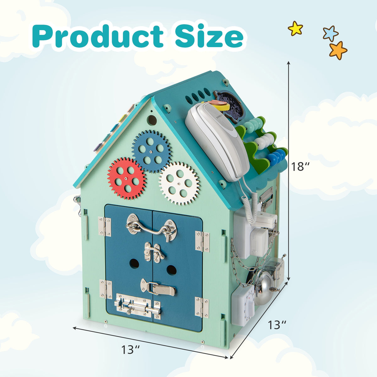 Montessori Blue Wooden Busy House Activity Center with Storage
