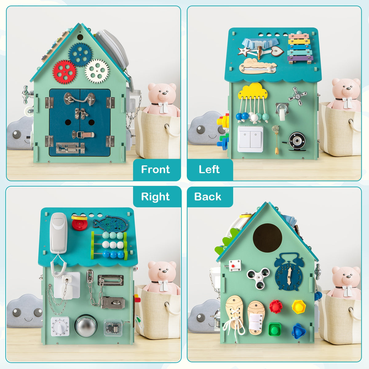 Montessori Blue Wooden Busy House Activity Center with Storage