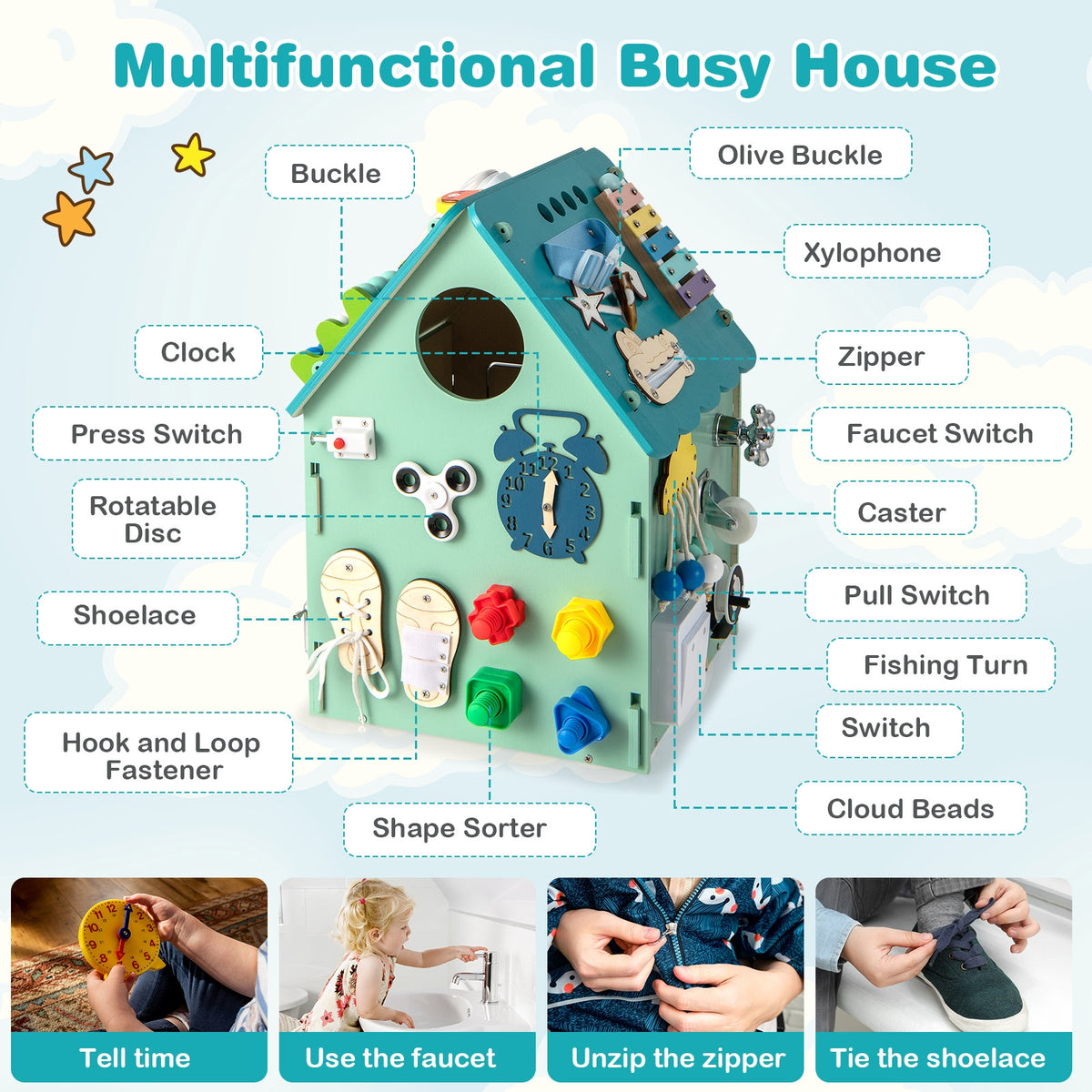 Montessori Blue Wooden Busy House Activity Center with Storage