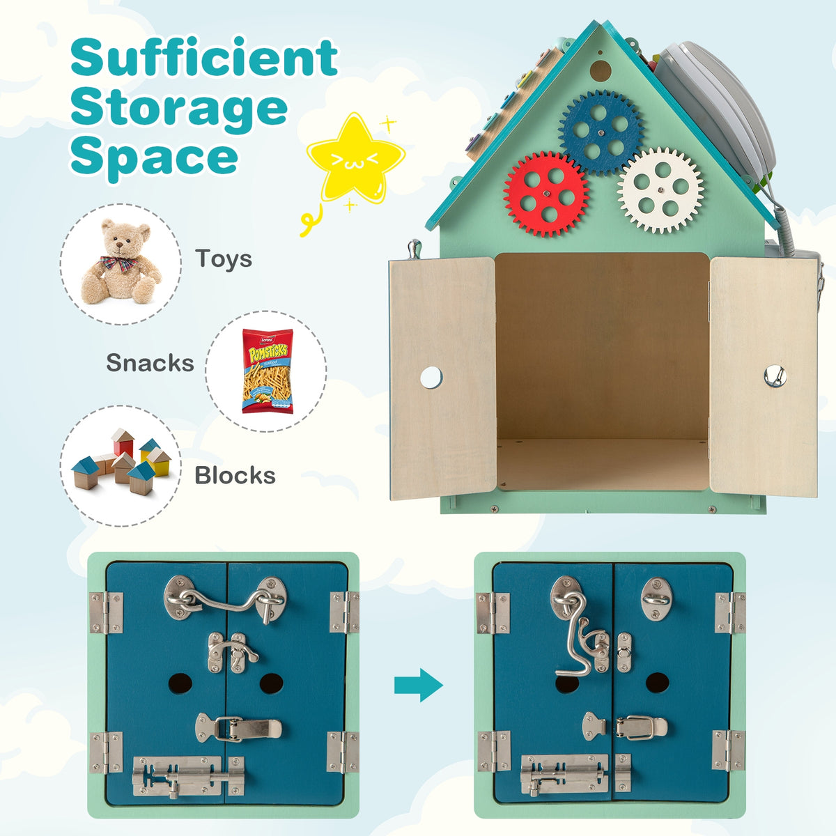 Montessori Blue Wooden Busy House Activity Center with Storage