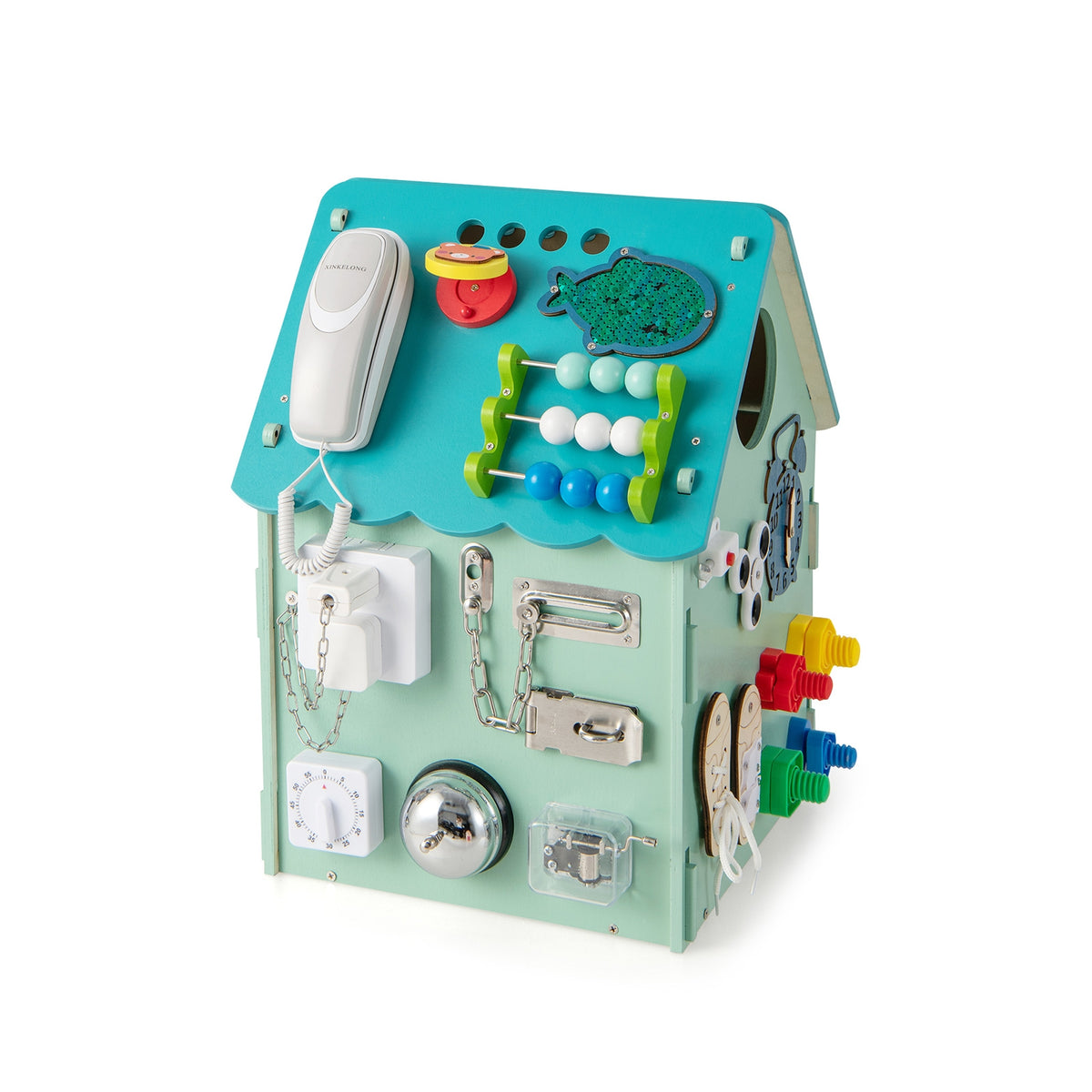 Montessori Blue Wooden Busy House Activity Center with Storage
