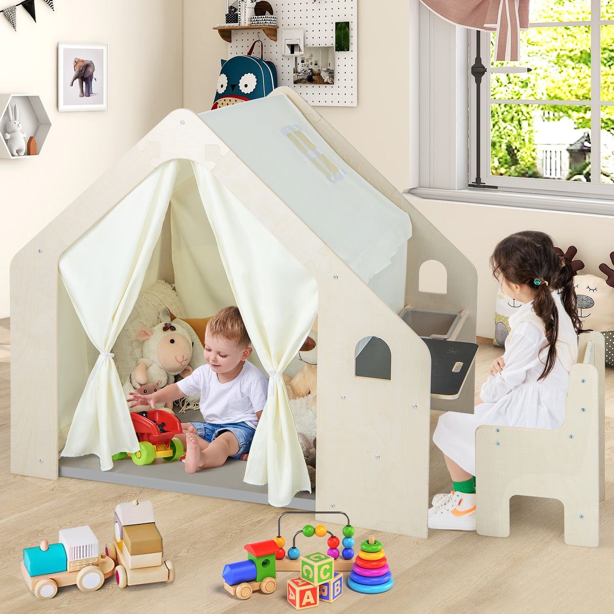 6-in-1 Montessori Indoor Playhouse with Table, Chair, and Mat