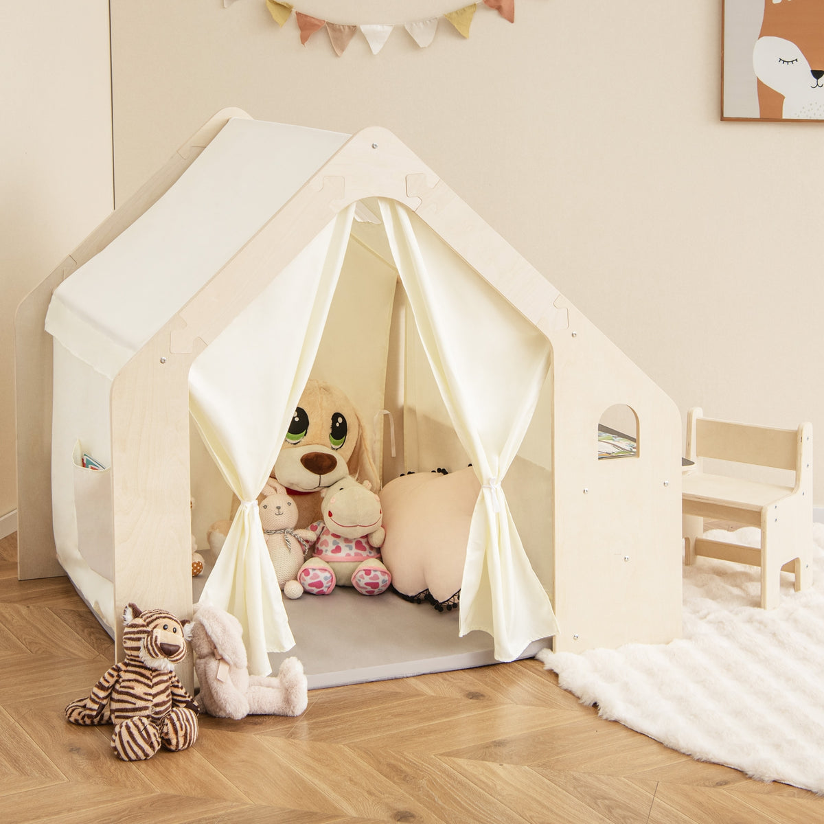 6-in-1 Montessori Indoor Playhouse with Table, Chair, and Mat