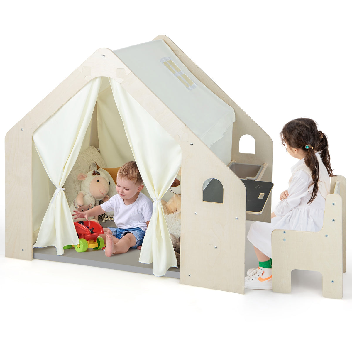 6-in-1 Montessori Indoor Playhouse with Table, Chair, and Mat
