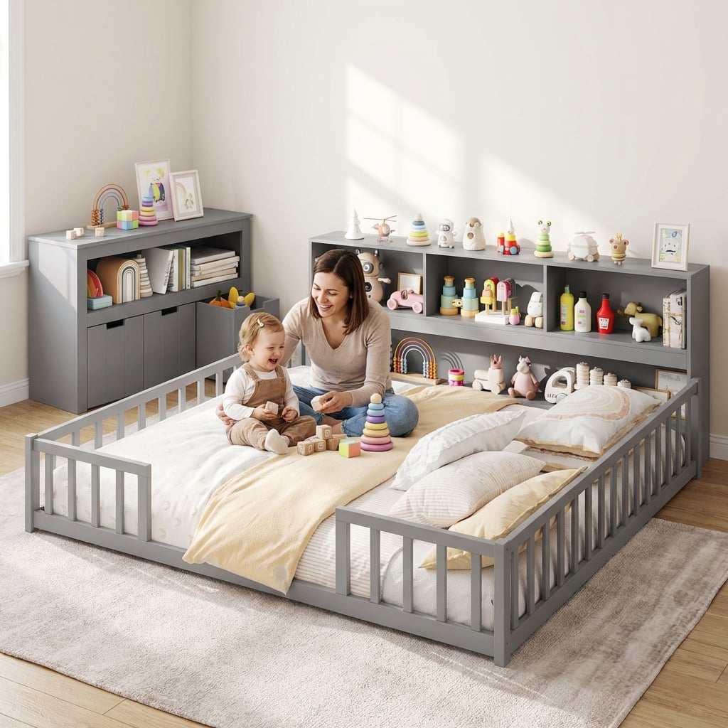 Montessori Twin Floor Bed and Kids Toy Storage Cabinet Bundle-Toddler Beds-DECOROLALA