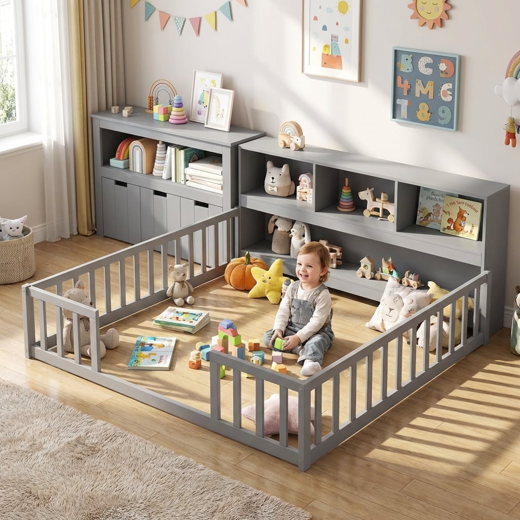 Montessori Twin Floor Bed and Kids Toy Storage Cabinet Bundle-Toddler Beds-DECOROLALA