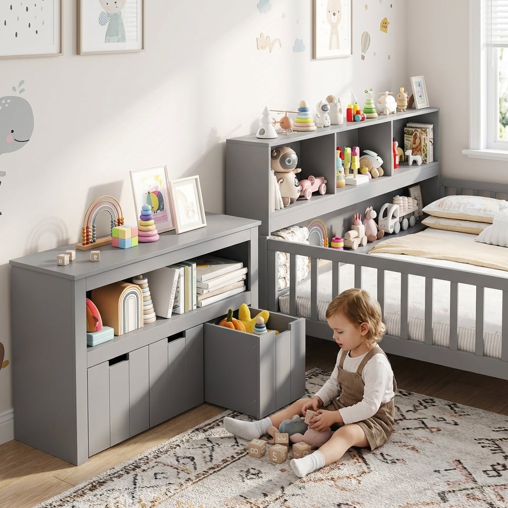 Montessori Twin Floor Bed and Kids Toy Storage Cabinet Bundle-Toddler Beds-DECOROLALA
