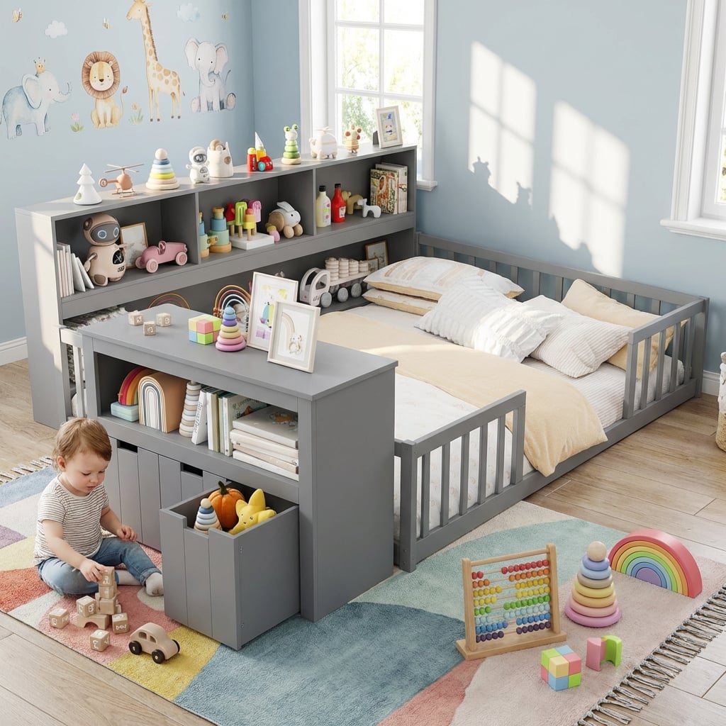 Montessori Twin Floor Bed and Kids Toy Storage Cabinet Bundle-Toddler Beds-DECOROLALA