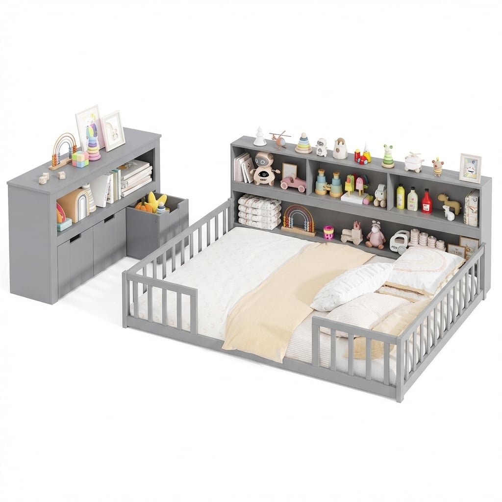 Montessori Twin Floor Bed and Kids Toy Storage Cabinet Bundle-Toddler Beds-DECOROLALA