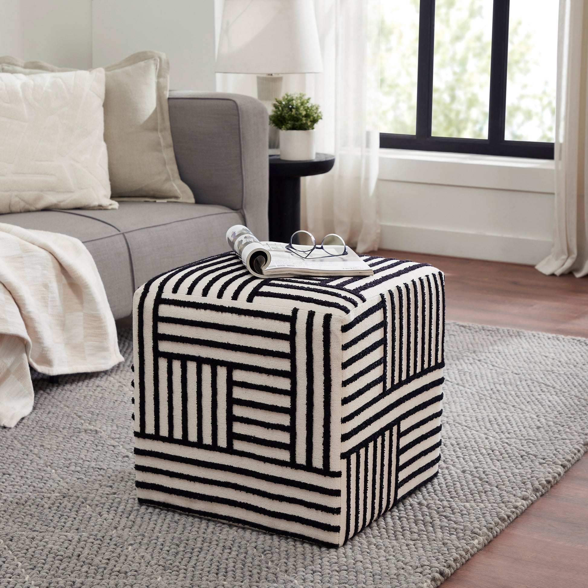 Monti Indoor Cotton Canvas Cube Ottoman, Black-Cube Ottoman-DECOROLALA