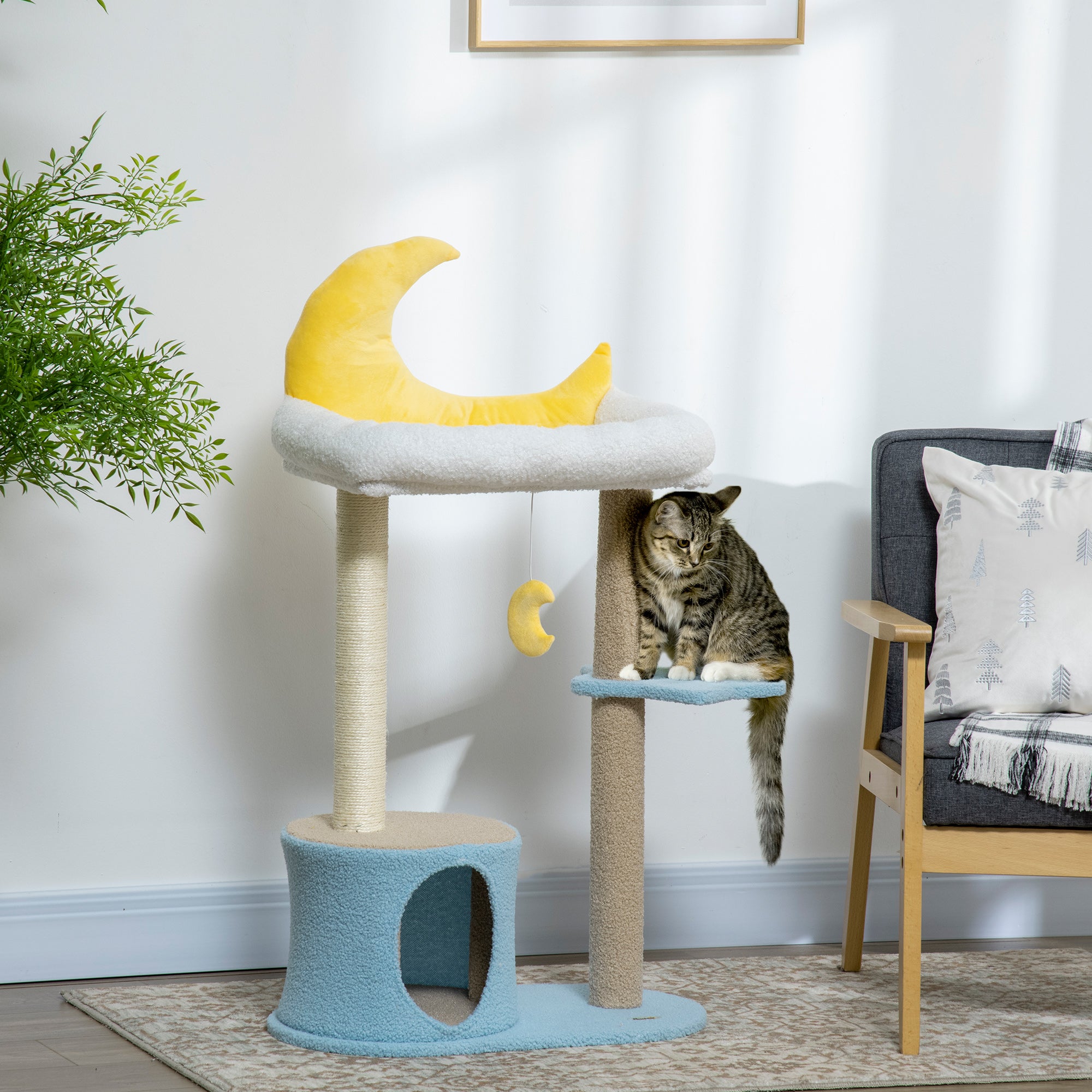 Moon Cat Tower - 41" Blue Teddy Fleece Cat Tree with Condo-Cats-DECOROLALA