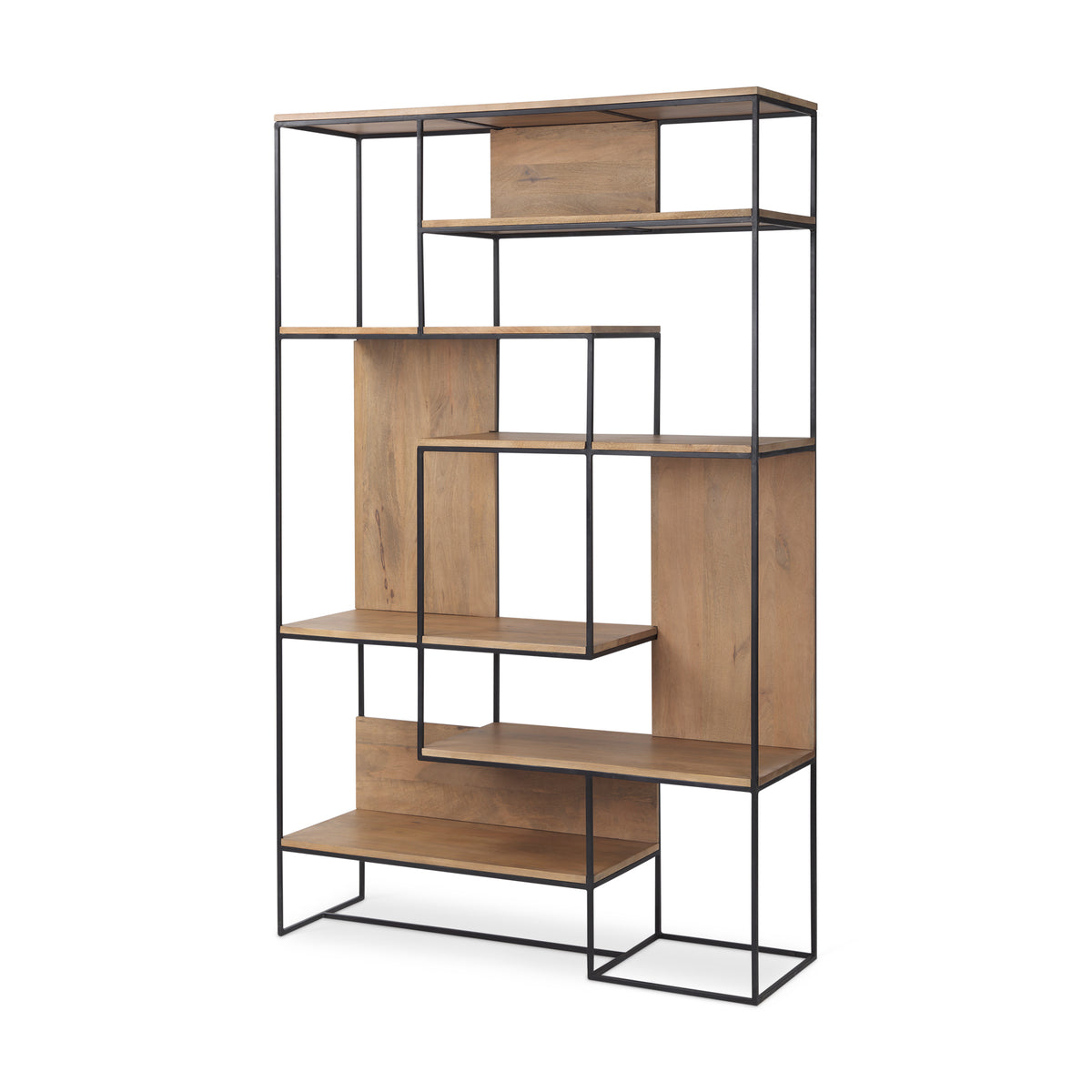 Morris 47.0L x 15.0W x 75.0H Light Brown Wood w/ Black Metal Frame 6-Tier Shelving Unit-Shelving-DECOROLALA