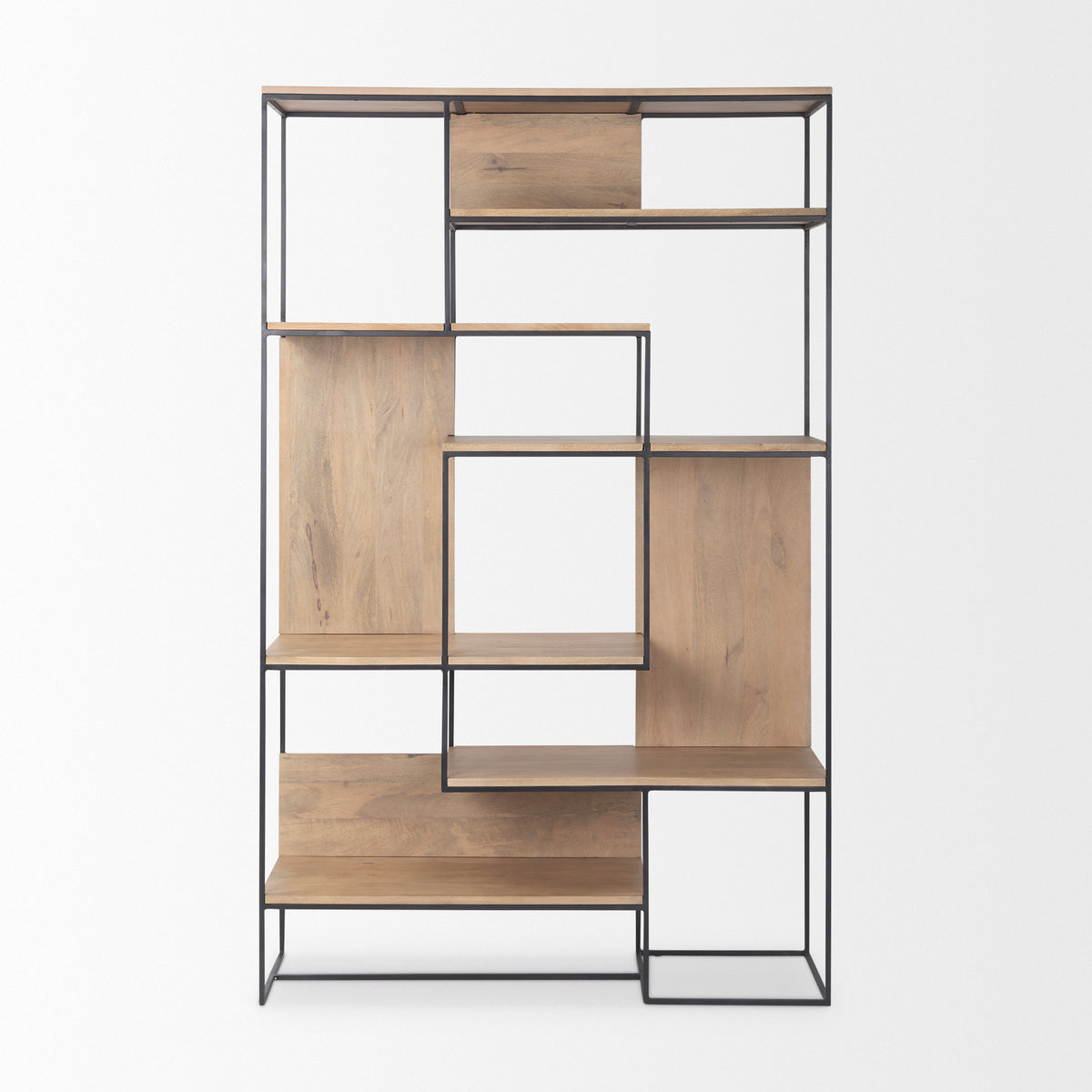 Morris 47.0L x 15.0W x 75.0H Light Brown Wood w/ Black Metal Frame 6-Tier Shelving Unit-Shelving-DECOROLALA