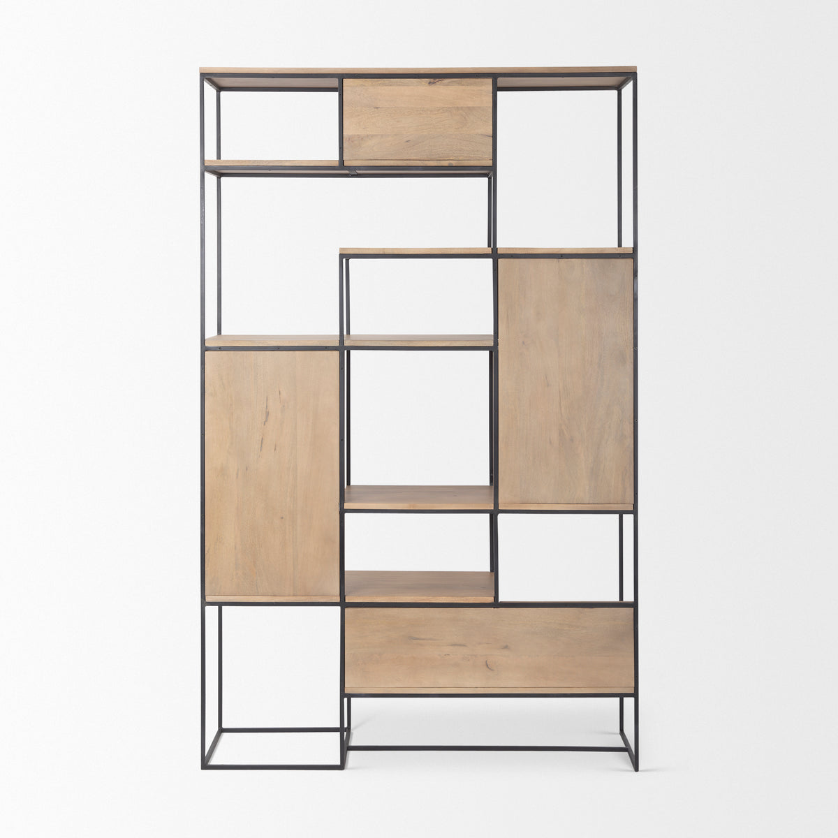 Morris 47.0L x 15.0W x 75.0H Light Brown Wood w/ Black Metal Frame 6-Tier Shelving Unit-Shelving-DECOROLALA