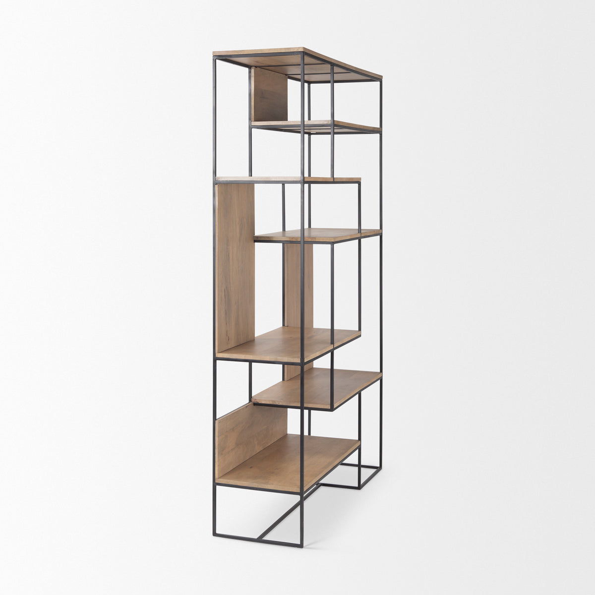 Morris 47.0L x 15.0W x 75.0H Light Brown Wood w/ Black Metal Frame 6-Tier Shelving Unit-Shelving-DECOROLALA