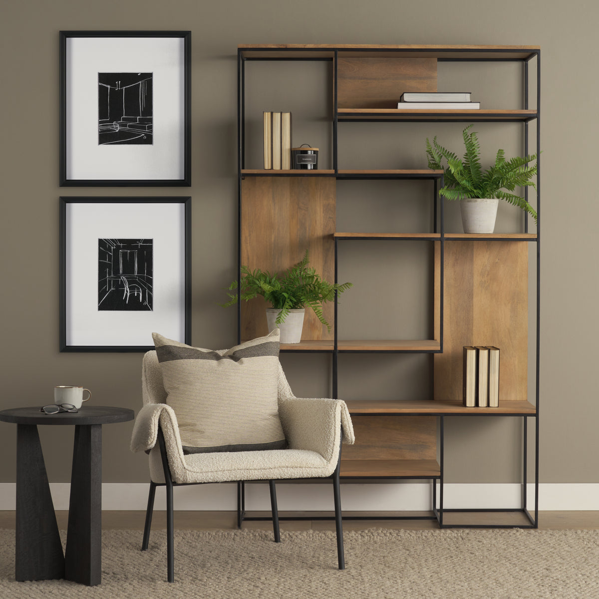 Morris 47.0L x 15.0W x 75.0H Light Brown Wood w/ Black Metal Frame 6-Tier Shelving Unit-Shelving-DECOROLALA