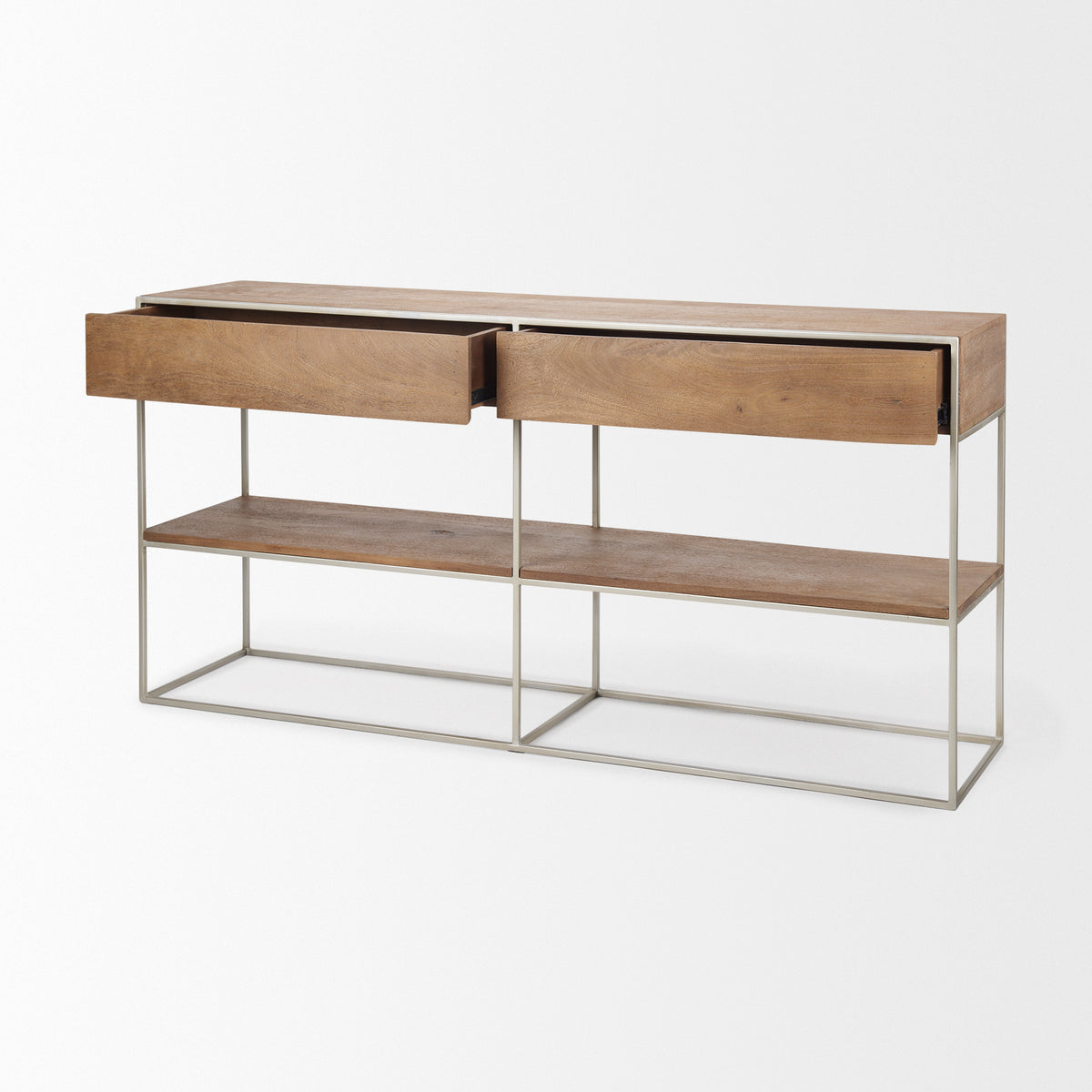 Morris I 63L x 15W x 31H Wood w/ Silver Metal Frame 2 Drawer Console Table-Media Console-DECOROLALA