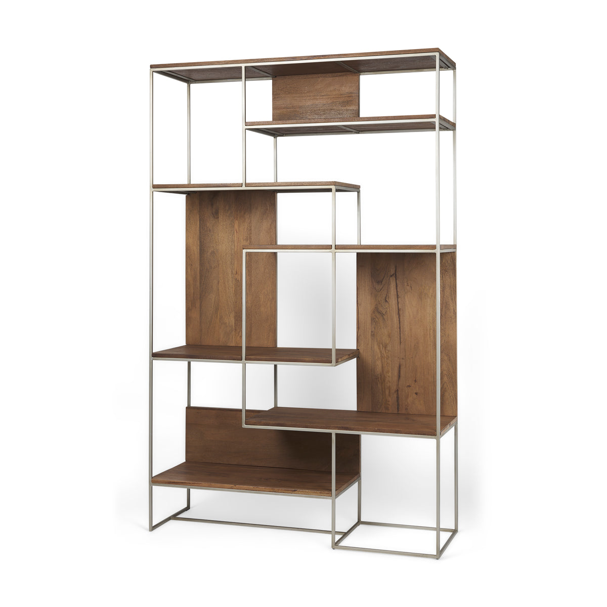 Morris III 47.25 X 15 X 75.5 Brown Wood and Silver Metal Frame 6 Shelf Shelving Unit-Shelving-DECOROLALA
