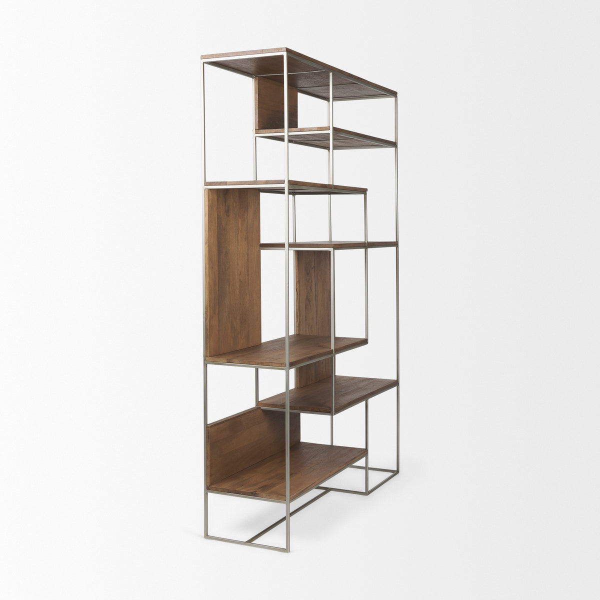 Morris III 47.25 X 15 X 75.5 Brown Wood and Silver Metal Frame 6 Shelf Shelving Unit-Shelving-DECOROLALA