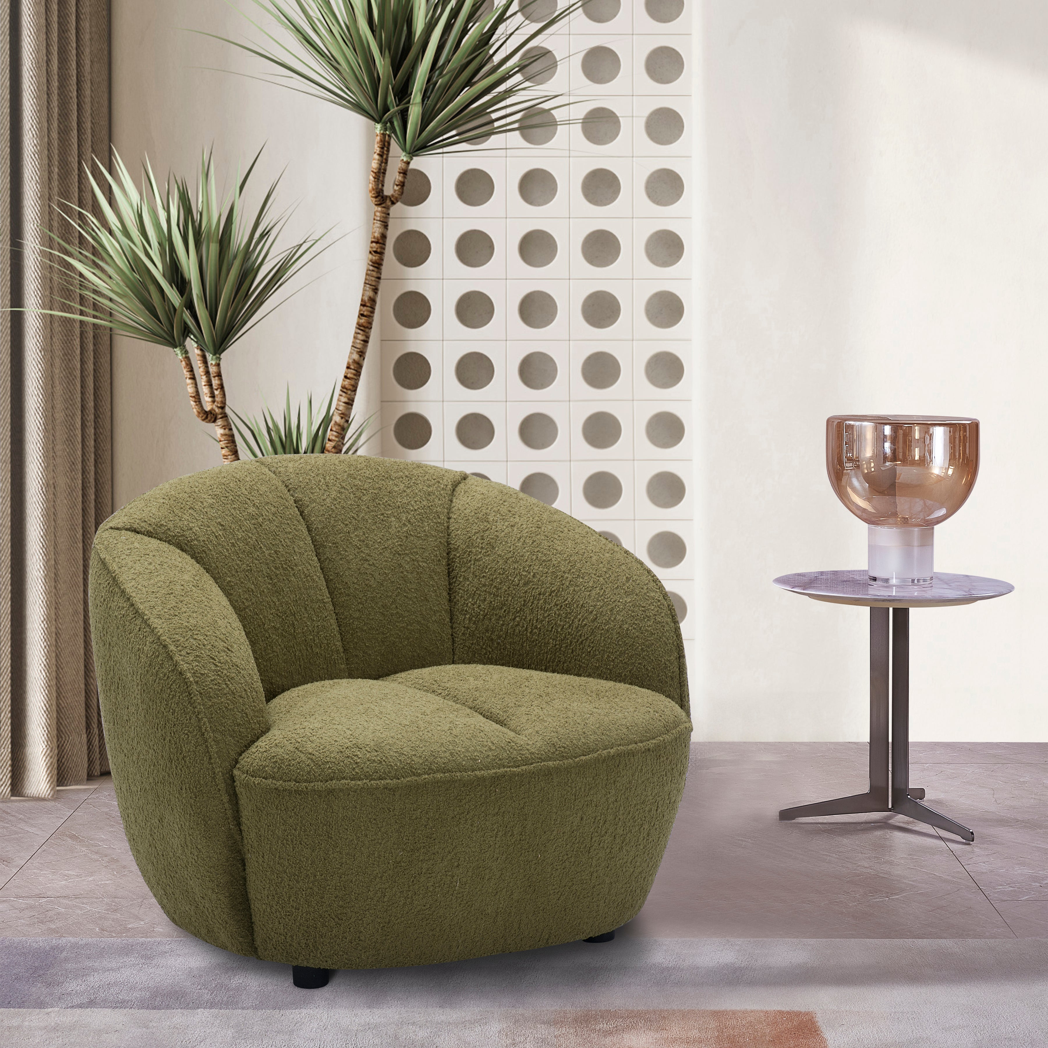 Mossea 35 in. Woolly Upholstered Barrel Armchair in Moss Green-Furniture > Chairs > Armchairs, Recliners & Sleeper Chairs > Armchairs-DECOROLALA