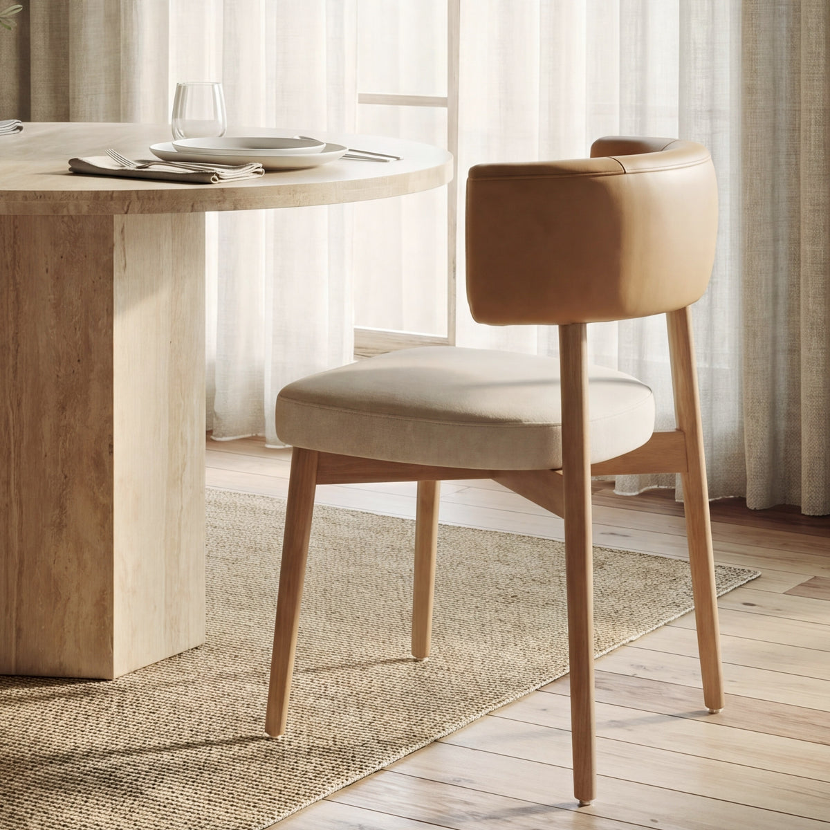 Motley Open Back Dining Side Chair | Cream Fabric w/ Brown Wood-Dining Chairs-DECOROLALA