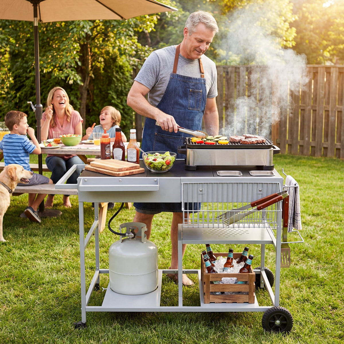 Movable Grill Table with 2 Spice Containers and Station for Backyard and BBQ-Black-Outdoor Grills-DECOROLALA