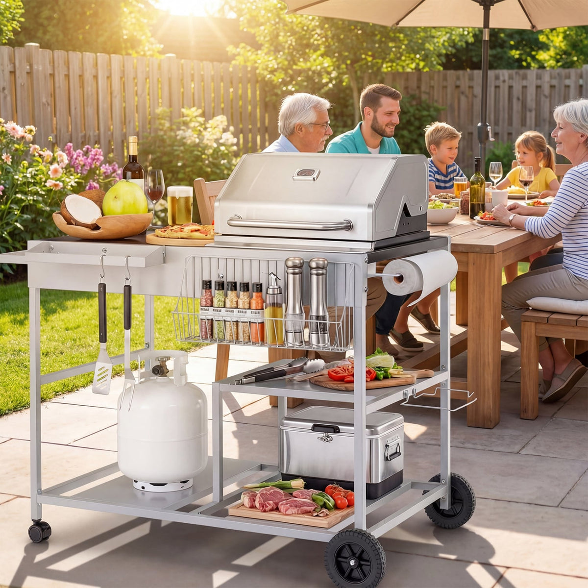 Movable Grill Table with 2 Spice Containers and Station for Backyard and BBQ-Black-Outdoor Grills-DECOROLALA