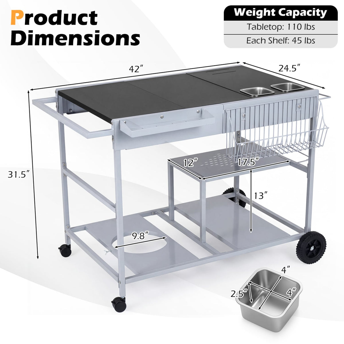 Movable Grill Table with 2 Spice Containers and Station for Backyard and BBQ-Black-Outdoor Grills-DECOROLALA