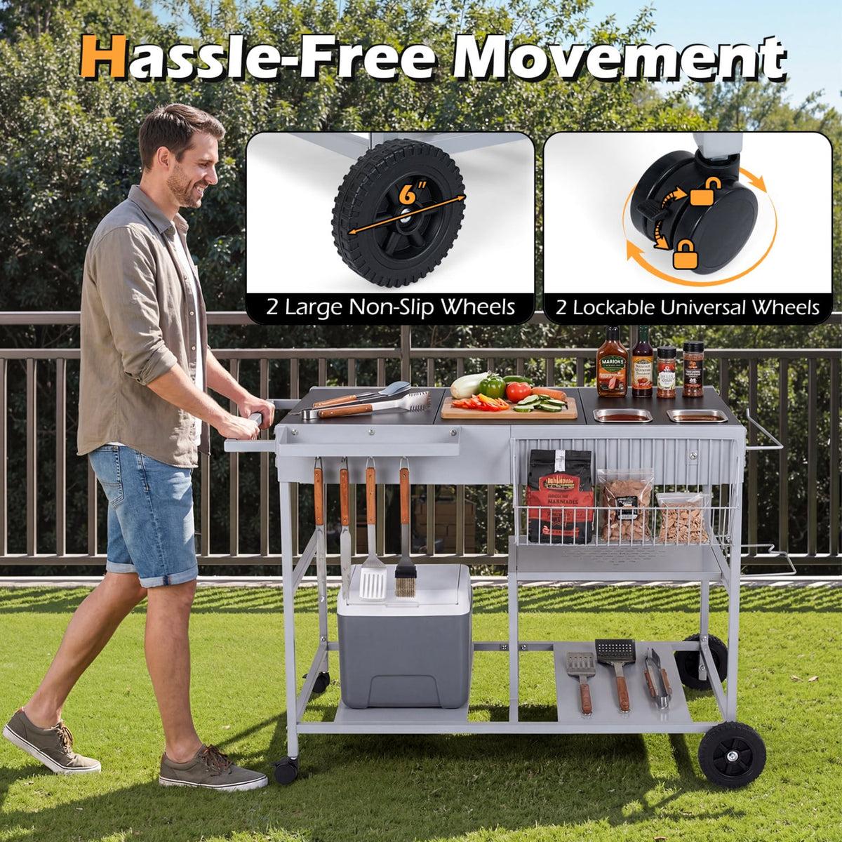 Movable Grill Table with 2 Spice Containers and Station for Backyard and BBQ-Black-Outdoor Grills-DECOROLALA
