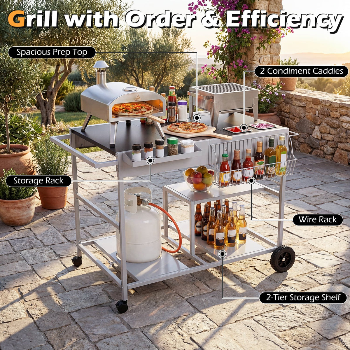 Movable Grill Table with 2 Spice Containers and Station for Backyard and BBQ-Black-Outdoor Grills-DECOROLALA