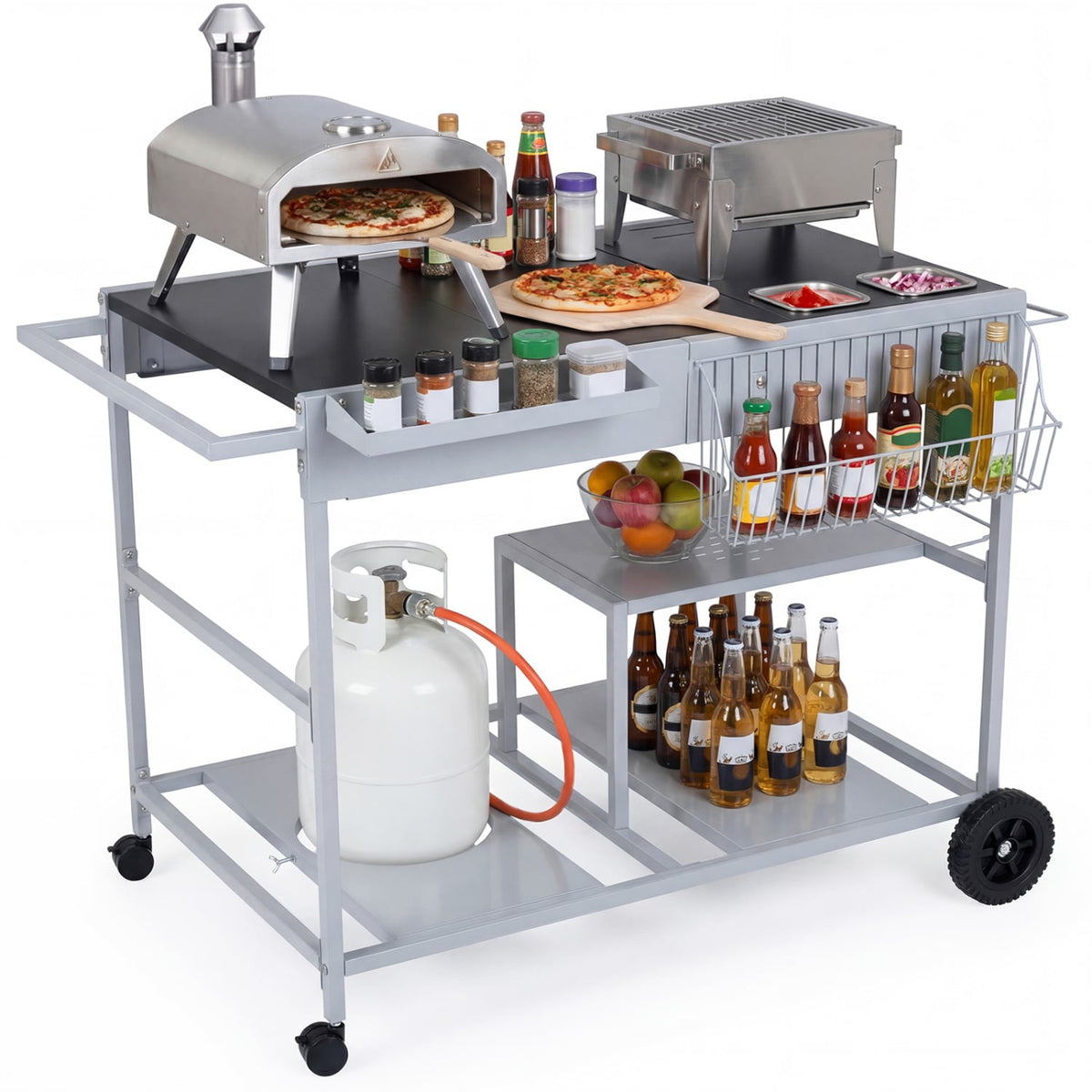 Movable Grill Table with 2 Spice Containers and Station for Backyard and BBQ-Black-Outdoor Grills-DECOROLALA