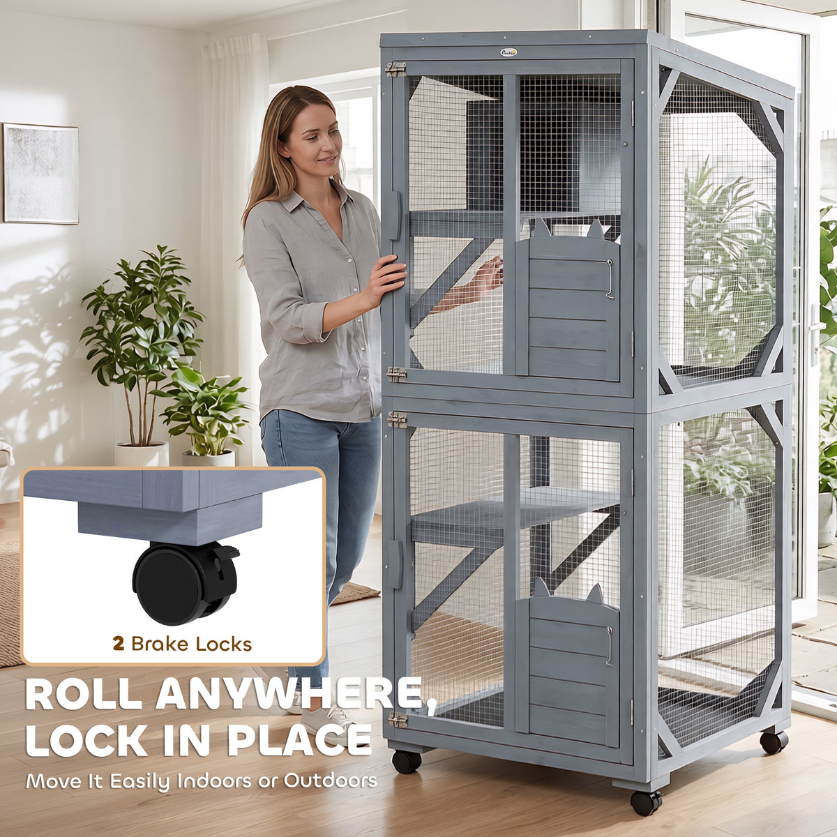 Movable Outdoor Catio Enclosure - Dark Grey 63" Fir Wood-Cats-DECOROLALA