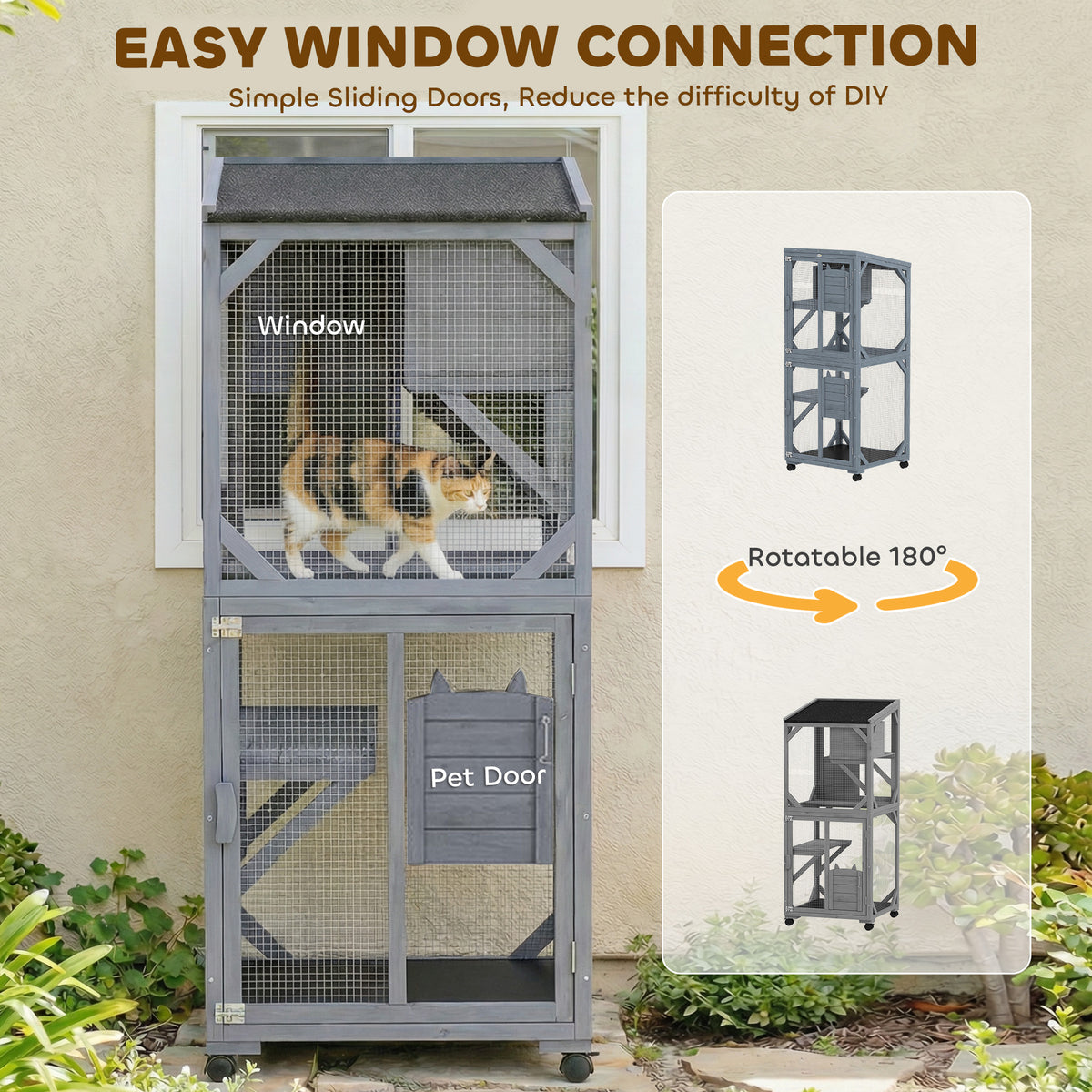 Movable Outdoor Catio Enclosure - Dark Grey 63" Fir Wood-Cats-DECOROLALA