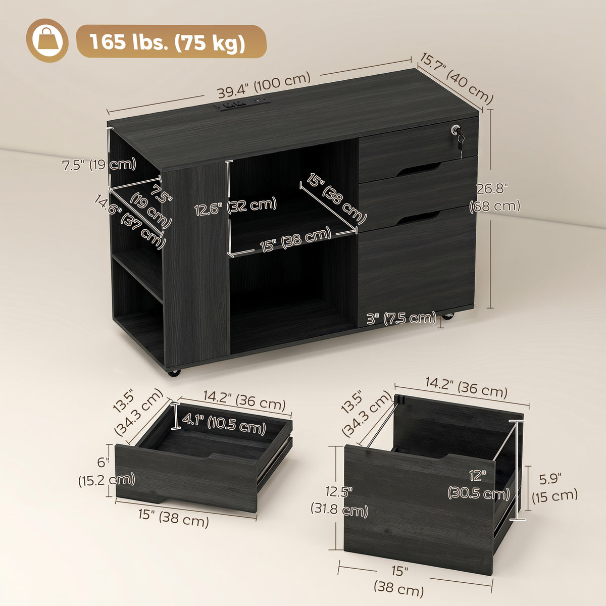 Filing Cabinet with Power Outlets - Black Wood Grain