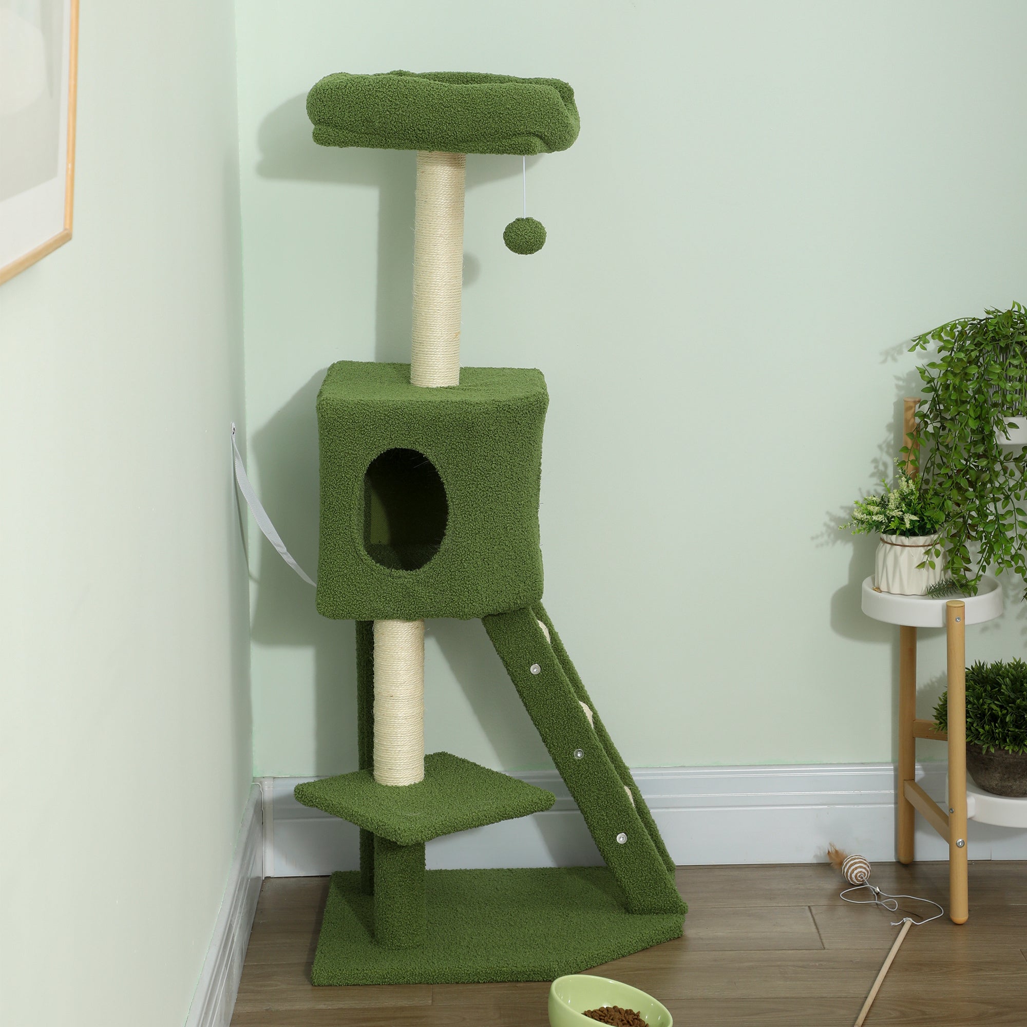47" Tall Cat Tree Tower with Condo, Ladder, Scratching Posts and Hanging Ball, Green