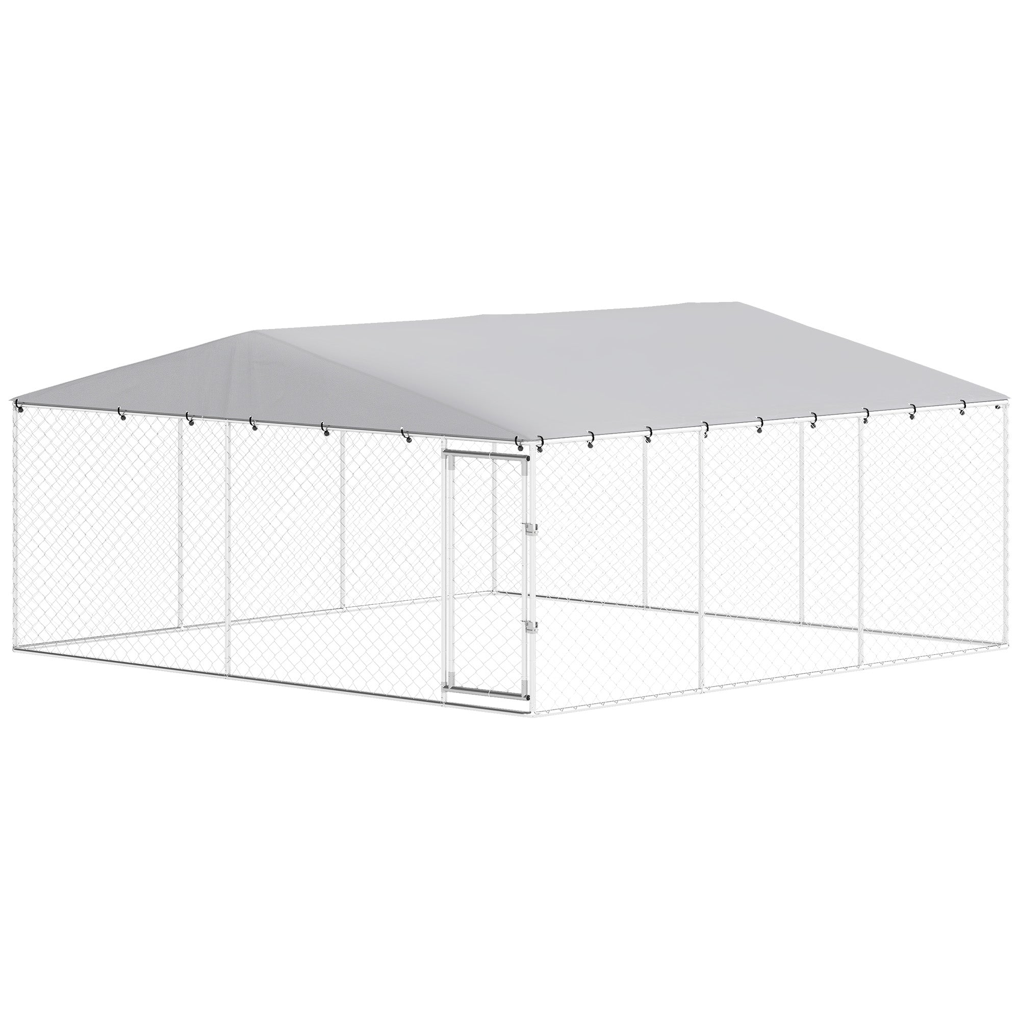 Chenil extérieur pour chiens de petite, moyenne et grande taille, 14.8' x 14.8' x 7.1', avec couverture imperméable, argenté