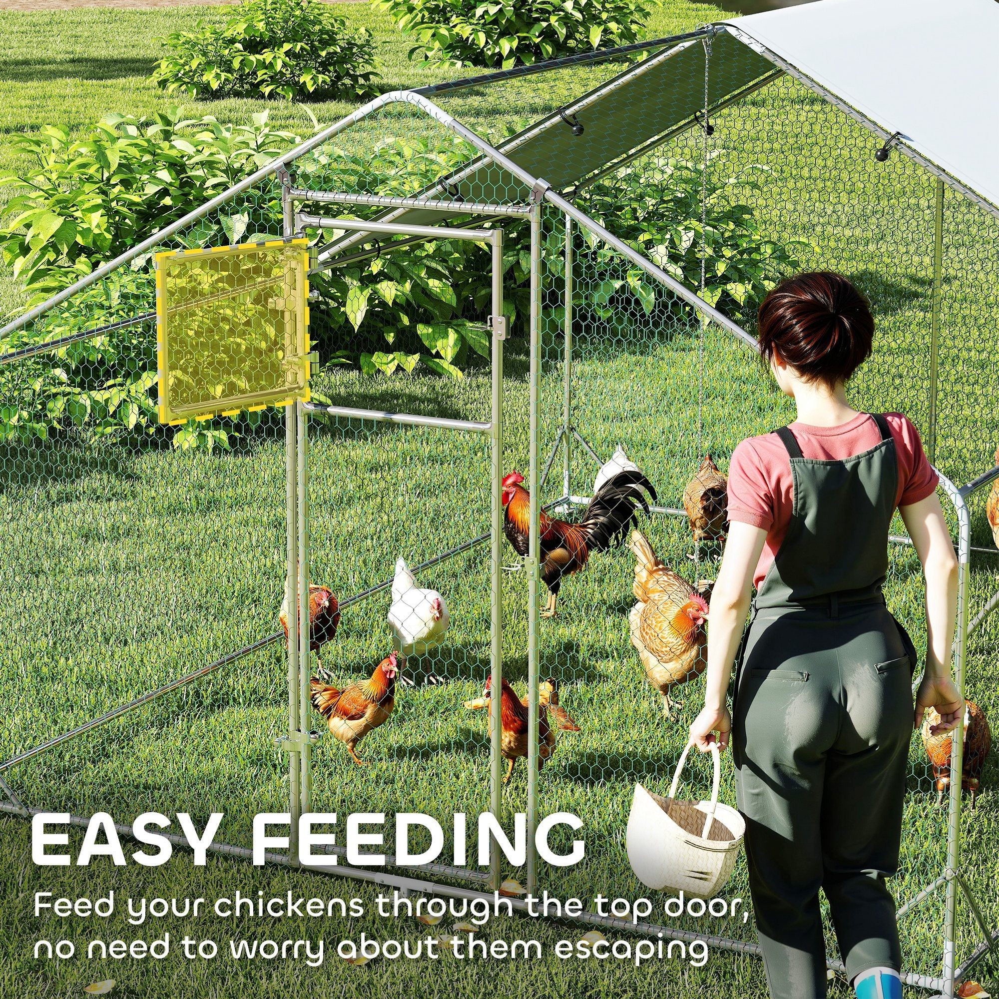 Large Metal Chicken Run with Waterproof & UV-Resistant Cover, Feeding Door, Hanging Feeder, Perch for 12-18 Chickens