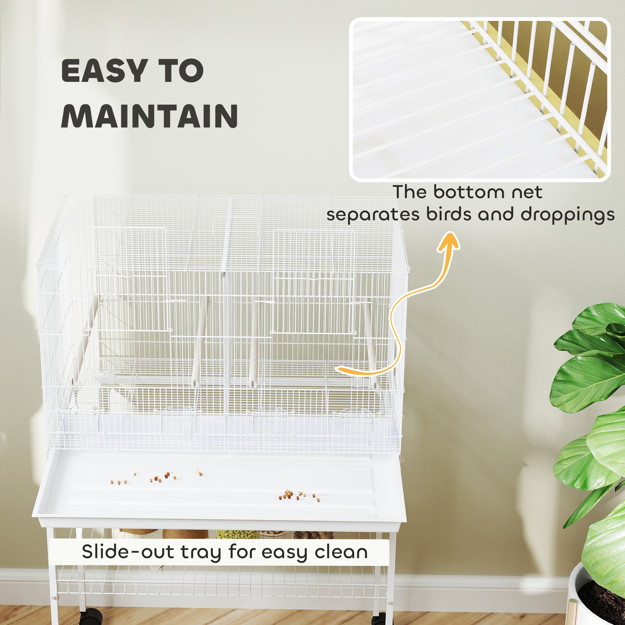 46" H Bird Cage, Large Parakeet Cage for Budgie, Lovebird, Canary, Finches with Divider, White